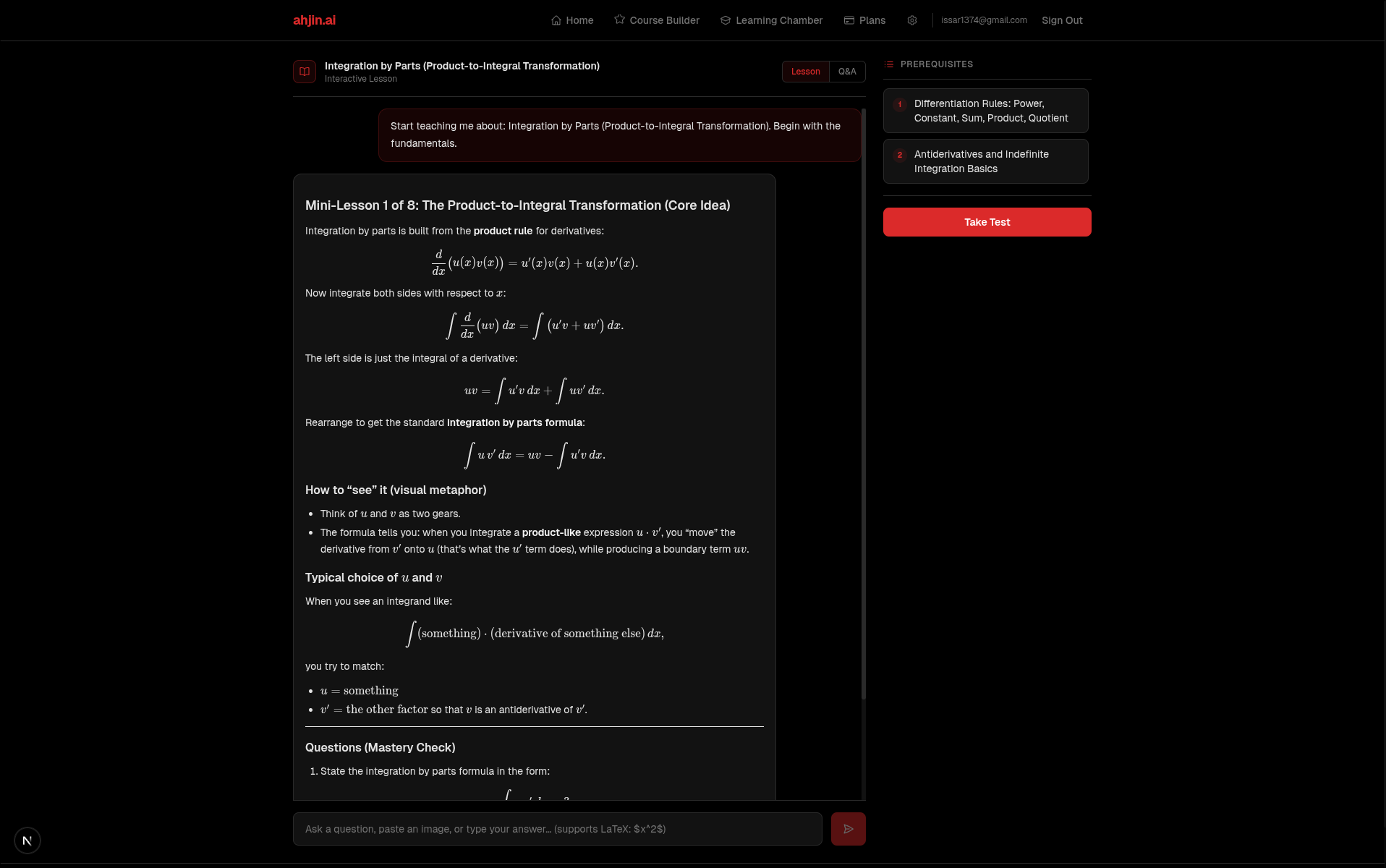 Interactive AI lesson with LaTeX math rendering, prerequisites sidebar, and mastery checks